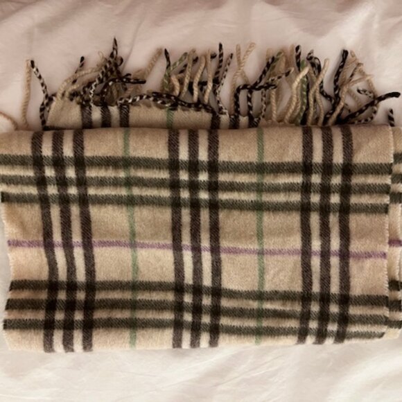Burberry London Scarf 100% Cashmere Ivory Green and Purple - Picture 3 of 3
